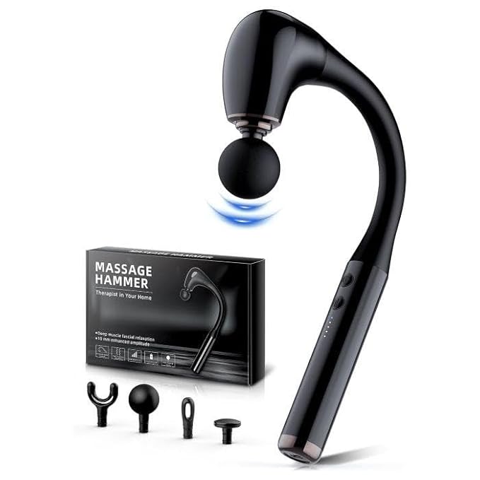 Massage Hammer Deep Tissue Massager, Cordless Percussion Device with 4 Attachments, LED Indicator, Black