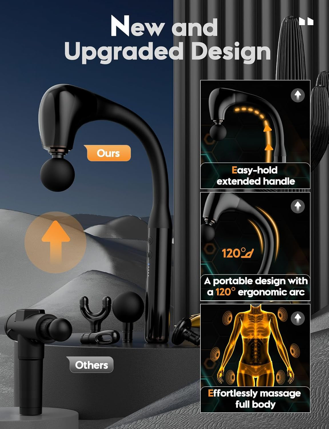 Massage Hammer Deep Tissue Massager, Cordless Percussion Device with 4 Attachments, LED Indicator, Black